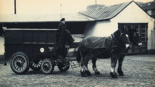 Eine Kutsche, die von zwei Pferden gezogen wird.