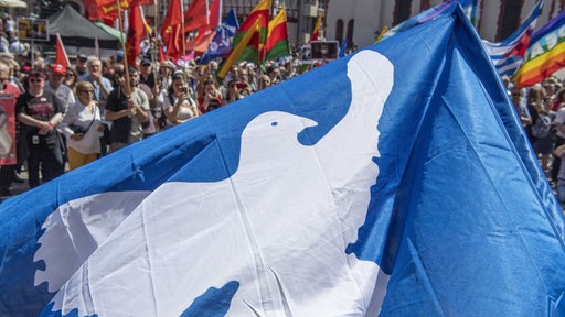 Friedenstaube auf einer Fahne bei einem Ostermarsch.