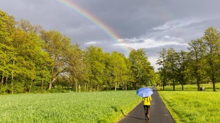 Ein Regenbogen ist hinter einem Regenschauer über den Wiesen am Stadtrand zu sehen.