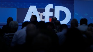Delegierte sitzen vor dem Parteilogo bei dem AfD-Bundesparteitag.