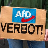 Eine Person hält ein Pappschild mit der Aufschrift "AfD-Verbot!" in den Händen.
