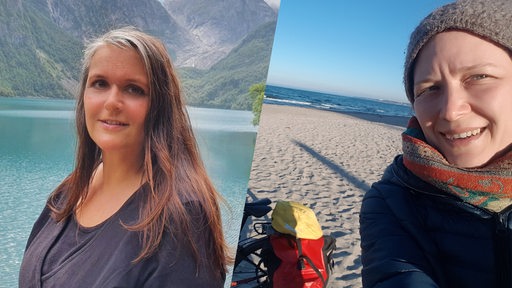 Collage zeigt zwei Frauen im Urlaub: Eine vor einem Bergsee, die andere mit Fahrrad am Strand