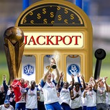 Bremer Amateurmannschaft freut sich über den Gewinn des Bremer Pokals. Im Hintergrund ist ein Einarmiger-Bandit zu sehen.