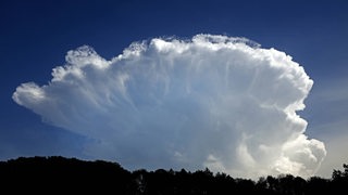 Eine große Gewitterwolke am blauen Himmel ist von vorne zu sehen.