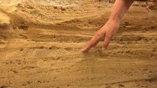 Eine Hand vor freigelegten Bodenschichten.