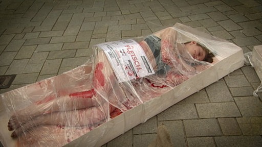 Ein Archivbild einer Frau, die mit falschem Blut verschmiert in Unterwäsche als geschlachtetes Tier in einer Art Fleischverpackung posiert.