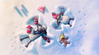 Shaun das Schaf liegt mit Freunden im Schnee und macht einen Schnee-Engel
