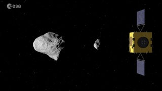 Eine Darstellung der Sonde Hera, die einen Asteroid untersucht. 