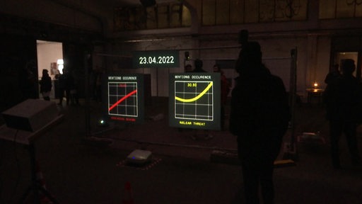 Zwei Bildschirme mit Grafiken im Rahmen einer Ausstellung gegen Propaganda.