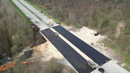 Sanierung einer Autobahn, die aus der Vogelperspektive gezeigt wird.