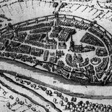 Ein historischer Stich zeigt die Stadt Bremen um das 13. Jahrhundert und den Fluss "Balge".