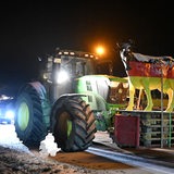 Ein Traktor transportiert das schwarz-rot-goldene Modell einer Kuh und steht gemeinsam mit anderen Traktoren auf einer Autobahn, die blockiert ist.