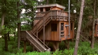 Zu sehen ist ein Baumhaus, welches in einem Wald steht.