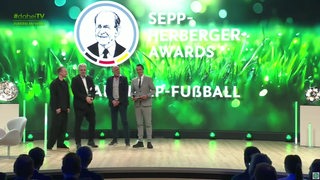 Vertreter des Sportvereins OSC Bremerhaven stehen auf der Bühne bei den Sepp-Herberger-Awards und nehmen ihren Inklusions-Preis entgegen.