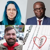 Collage zeigt 5 Bremer Politiker*innen: Kai Wargall, Elombo Bolayela, Tobias Huch, Tim Sültenfuß und Oguzhan Yazici. In der Mitte ein Stimmzellte mit Kreuzen und einem Herz