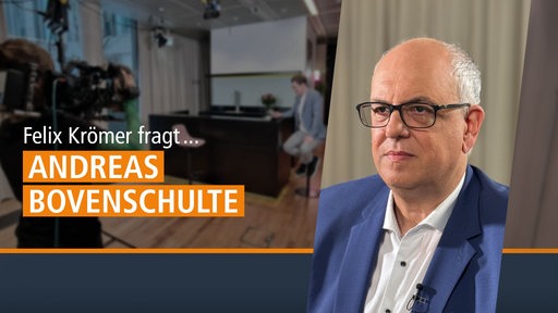 Collage: Vor rechts älterer Herr mit Brille, Hintergrund: Fernsehstudio. Aufschrift: Felix Krömer fragt... Andreas Bovenschulte