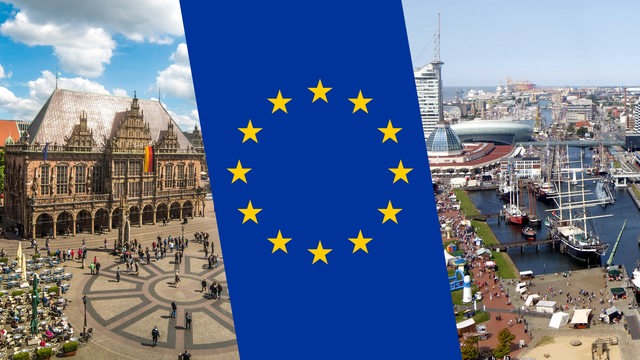 Der Bremer Marktplatz und die Hafenwelten in Bremerhaven, dazwischen die EU-Flagge.