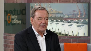 Der Wirtschaftswissenschaftler Rudolf Hickel gibt im Studio von buten un binnen ein Interview.