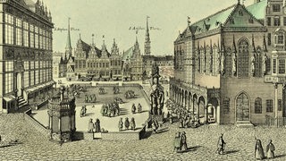 Kupferstich von 1641, der den Bremer Marktplatz zeigt.