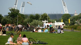 Menschen sitzen bei Sommer-Wetter am Osterdeich an der Weser.