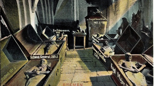 Eine Postkarte zeigt eine alte Zeichnung aus dem Inneren des Bremer Bleikeller.