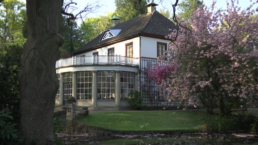 Eine Bremer Villa mit einem großen Terrassenzimmer und Balkon. Im Garten steht ein blühender Kirschbaum.