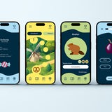 Die Collage zeigt vier Screenshots aus der Sprachlern-App "Hugo".