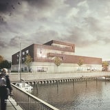 Eine Grafik zeigt einen modernen Backsteinbau am Wasser.