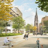 Eine Visualisierung zeigt eine Innenstadt mit Bäumen, Gebäude und Passanten.