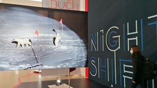 Ein Plakat zeigt zwei Eisbären in der Arktis.