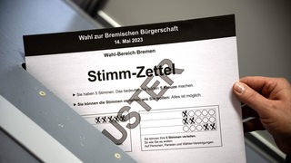 Eine Person schmeißt einen Musterstimmzettel in eine Wahlrune.