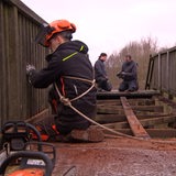 Menschen Arbeiten auf einer Holzbrücke. Im Vordergrund ist eine Säge zu sehen.