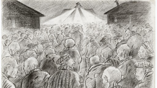 Eine Bleistiftzeichnung von ehemaligem Häftling Jan Budding zeigt den "Morgenappell" im KZ in Sachsenhausen. 