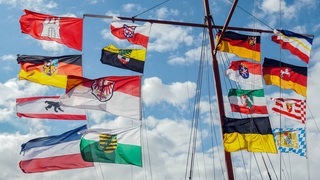 Die Fahnen der 16 deutschen Bundesländer wehen im Wind vor blauem Himmel.