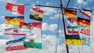 Die Fahnen der 16 deutschen Bundesländer wehen im Wind vor blauem Himmel.