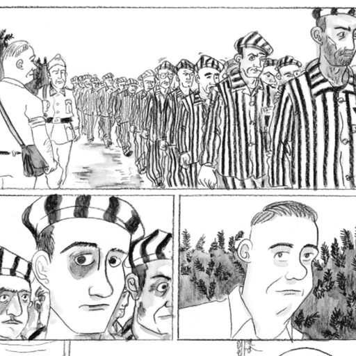 Eine Seite aus einem schwarz weiß gezeichneten Comicbuch. KZ-Häftlinge betreten ein Lager. Ein KZ-Aufseher ruft: Willkommen in Farge!