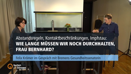 Bremens Gesundheitssenatorin Claudia Bernhard (Linke) im Gespräch mit buten-un-binnen-Moderator Felix Krömer.