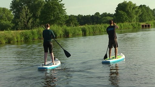 Zwei stehen auf einem Surfbrett mit einem Stechpaddel