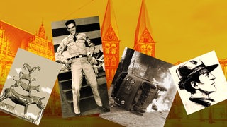 Collage zeigt im Hintergrund den Bremer Marktplatz. Von links nach rechts: die Bremer Stadtmusikanten, Elvis Presley, ein brennendes Bundeswehrfahrzeug, eine Zeichnung von Mann mit Hut