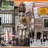 Collage zeigt kuriose Ortsschilder die rund um den Roland auf dem Bremer Markplatz platziert sind.
