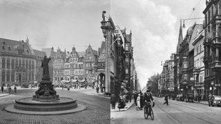 Collage zeigt den Bremer Marktplatz um 1910 und die Bürgermeister-Smidt-Strasse in Bremerhaven in den 30er Jahren