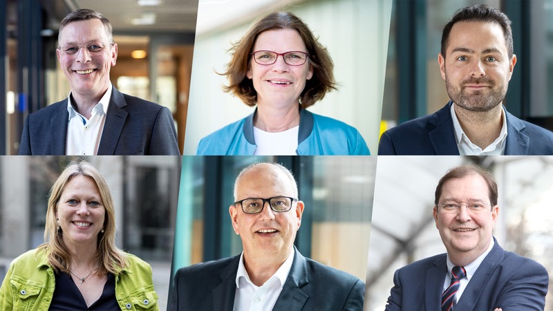 Collage zeigt die 6 Spitzenkandidatinnen für die Bremer Bürgerschaftswahl: Frank Imhoff, Kristina Vogt, Thore Schäck, Maike Schaefer, Andreas Bovenschulte und Piet Leidreiter
