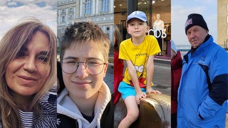 Collage zeigt 4 Menschen, die aus der Ukraine nach Bremen/Bremerhaven geflüchtet sind. Victoria, Lolita, der 7jährige Mark und Dmytro 