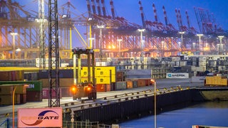 Das Containerterminal im Seehafen Bremerhaven mit fast 50 Containerbrücken.