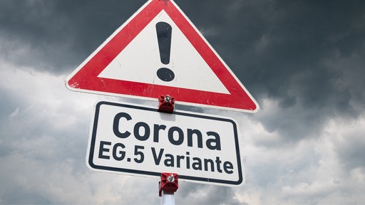 Warnschild "Gefahrstelle" und ein Zusatzschild mit der Aufschrift "Corona EG.5 Variante"vor einem grau bewölkten Himmel (Symbolbild)