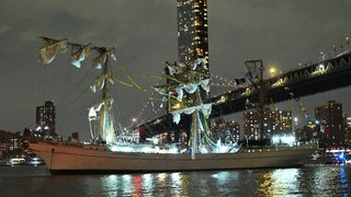 Ein Segelschiff mit abgeknickten Masten liegt vor einer Skyline an einer Brücke.