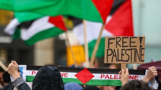 Menschen halten Palästina-Flaggen und Schilder mit der Aufschrift "Free Palestine" in die Luft