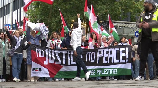 Viele Menschen demonstrieren mit Flaggen bei einer Pro-Palestina-Demonstration.