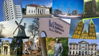Collage verschiedener Denkmäler in Bremen, Bremerhaven und Niedersachsen