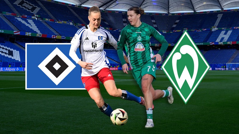 HSV-Spielerin Emilia Angelika Hirche und Werder-Spielerin Larissa Mühlhaus dribbeln vor der Volksparkstadion-Kulisse, hinter ihnen sind die Logos des HSV und Werder Bremen eingeblendet.